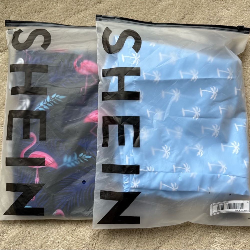 SHEIN Men’s Black Flamingo & Light Blue Palm Print Swim Suits.  Size XL. NEW.
